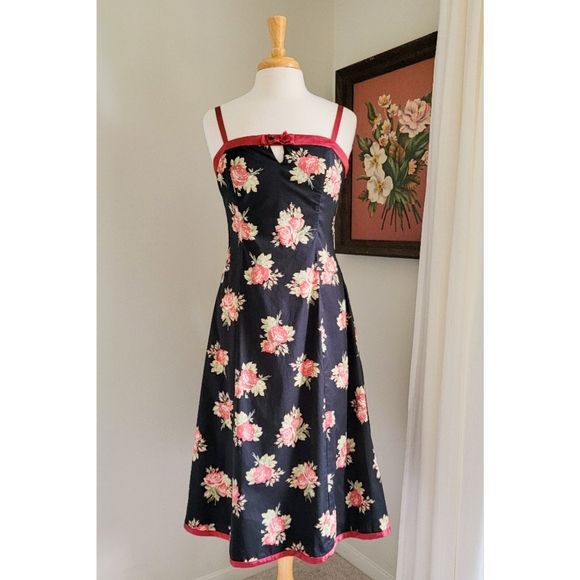 90s Black Floral Satin Bow 1990s Vintage Fit & Flare Midi Length Cotton Dress - Picture 12 of 15